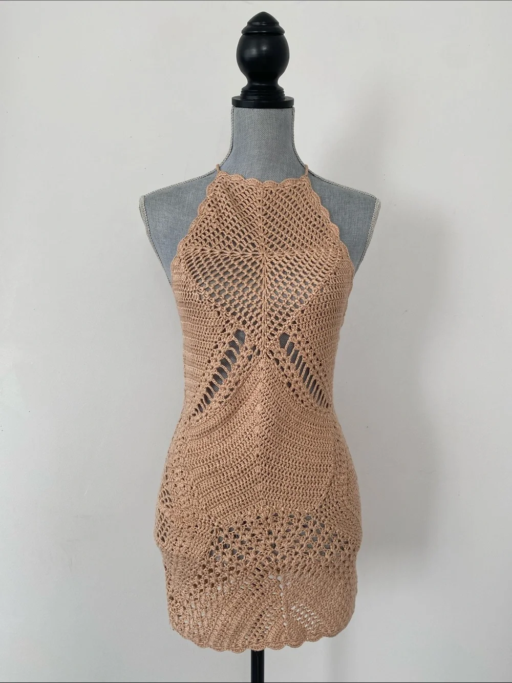 Forever 21 Beige Crochet Knit Halter Mini Dress Swim Coverup Beach Festival